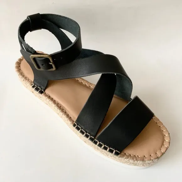 Soludos Olympia Black Leather Platform Espadrille Sandals Anthropologie 9.5