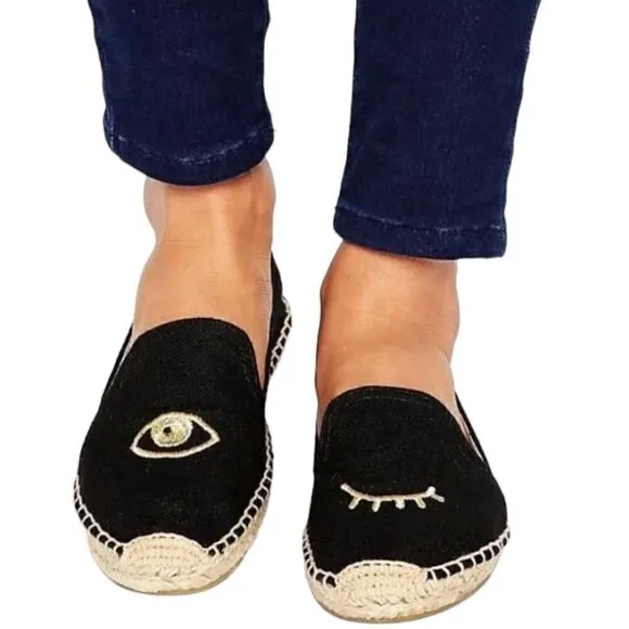 Soludos X Jason Polan Wink Smoking Wink Black Canvas Espadrilles Size 8.5