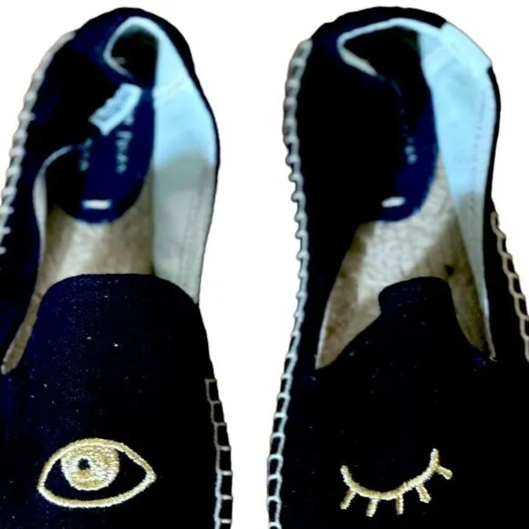 Soludos X Jason Polan Wink Smoking Wink Black Canvas Espadrilles Size 8.5