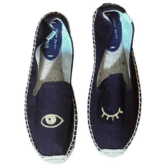 Soludos X Jason Polan Wink Smoking Wink Black Canvas Espadrilles Size 8.5