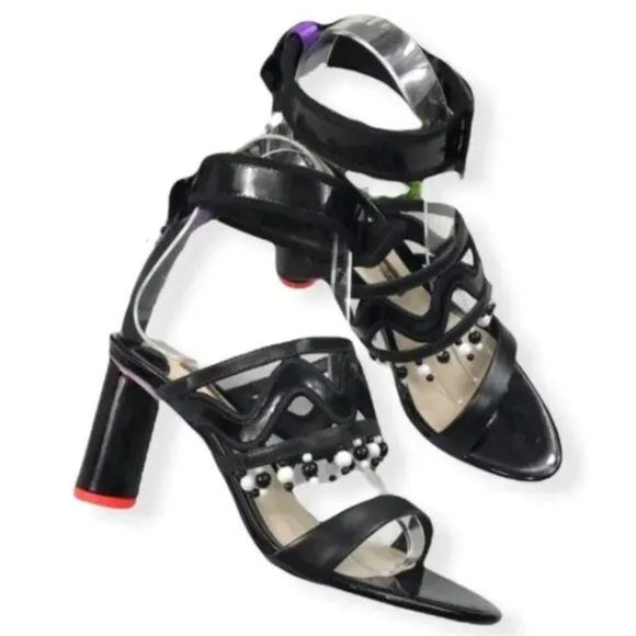 SOPHIA WEBSTER Women’s Black Beaded Ankle Strap Block Heel Sandals Size 5 New