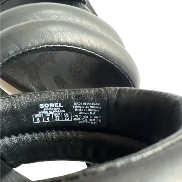 SOREL Black At Strap Ella Ii Round Toe Slip On Leather Sandals, US6