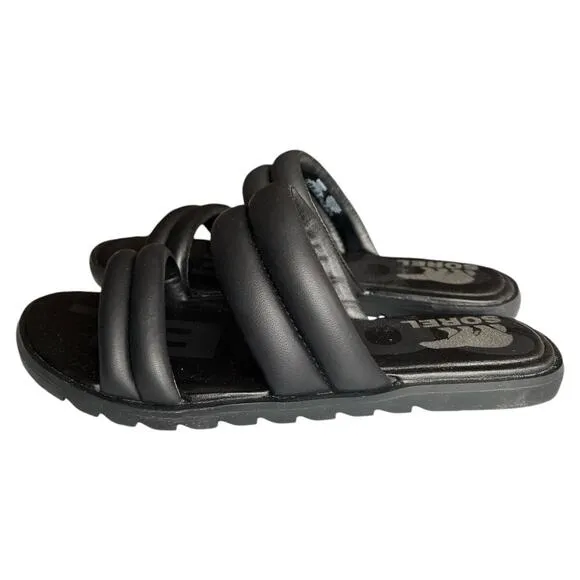 SOREL Black At Strap Ella Ii Round Toe Slip On Leather Sandals, US6