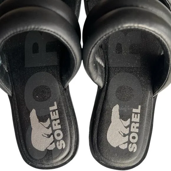SOREL Black At Strap Ella Ii Round Toe Slip On Leather Sandals, US6