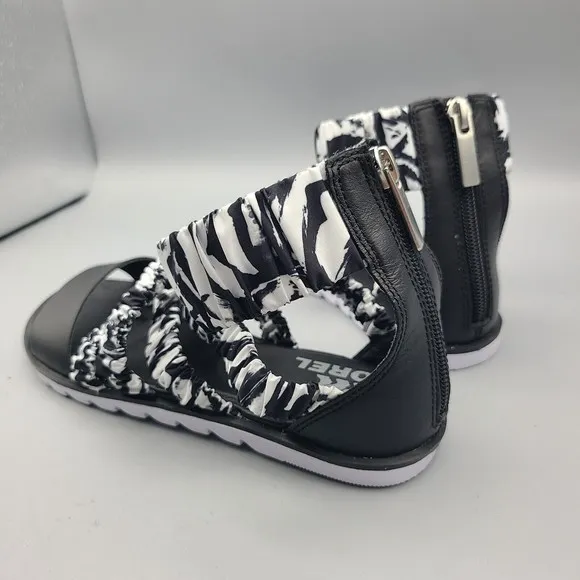 Sorel Ella II Ankle Strap Sandals Women Black/White Fabric/ Leather Sz 6 New
