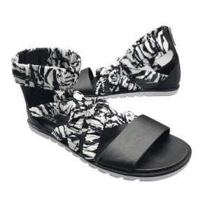 Sorel Ella II Ankle Strap Sandals Women Black/White Fabric/ Leather Sz 6 New