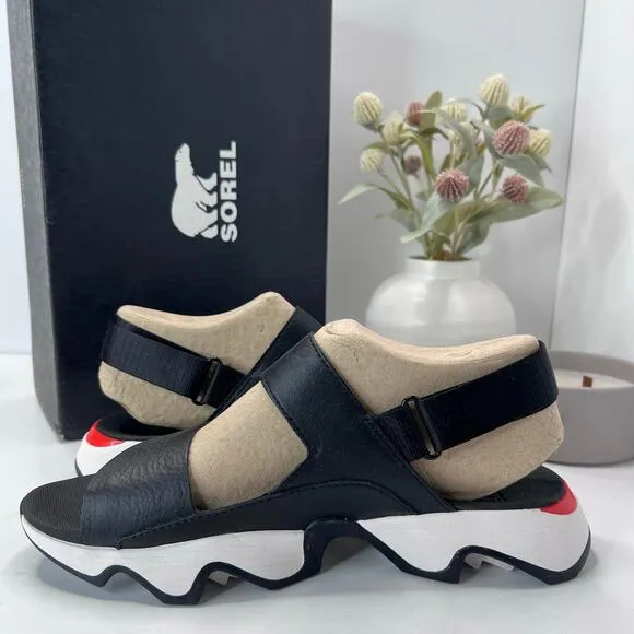Sorel Kinetic Impact Y-Strap High Wedge Leather Sandals Black Women's 10.5 NWB