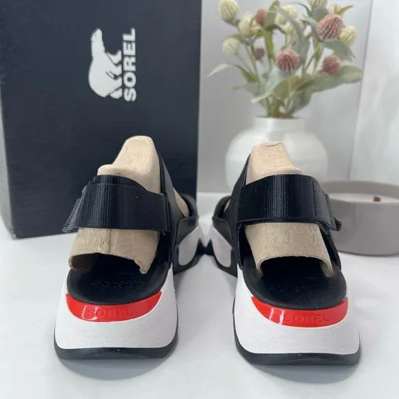 Sorel Kinetic Impact Y-Strap High Wedge Leather Sandals Black Women's 10.5 NWB