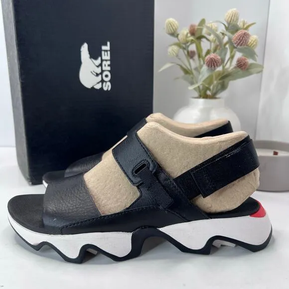 Sorel Kinetic Impact Y-Strap High Wedge Leather Sandals Black Women's 10.5 NWB