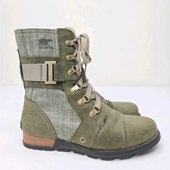 Sorel Major Carly Olive Combat Canvas Suede Zip Up Boots NL 2158-383 Womens 7.5