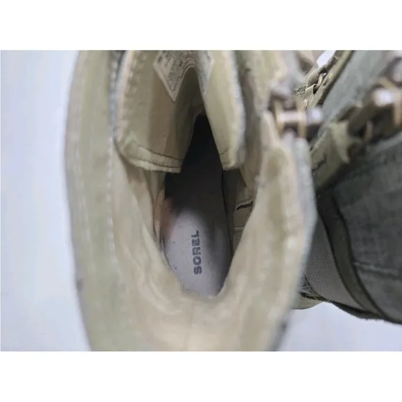 Sorel Major Carly Olive Combat Canvas Suede Zip Up Boots NL 2158-383 Womens 7.5