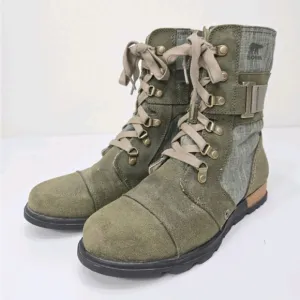 Sorel Major Carly Olive Combat Canvas Suede Zip Up Boots NL 2158-383 Womens 7.5