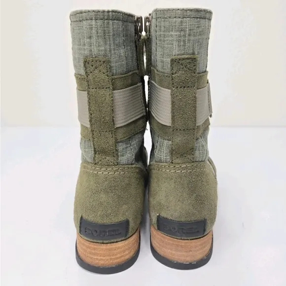 Sorel Major Carly Olive Combat Canvas Suede Zip Up Boots NL 2158-383 Womens 7.5