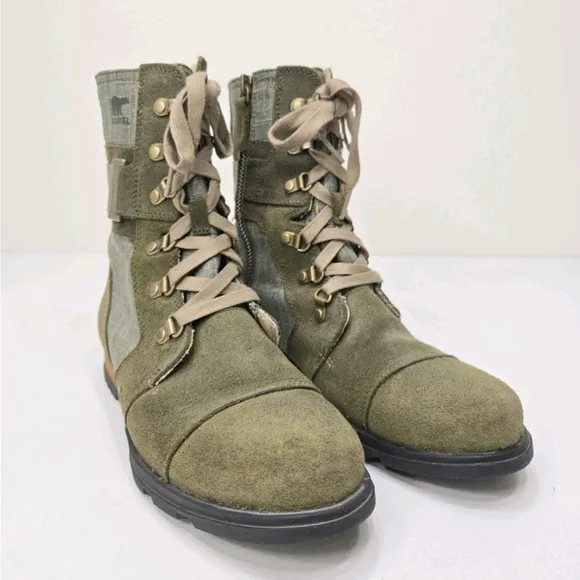 Sorel Major Carly Olive Combat Canvas Suede Zip Up Boots NL 2158-383 Womens 7.5