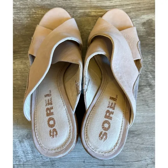 Sorel Nadia Heeled Mule Beige Leather Sandals Womens 7