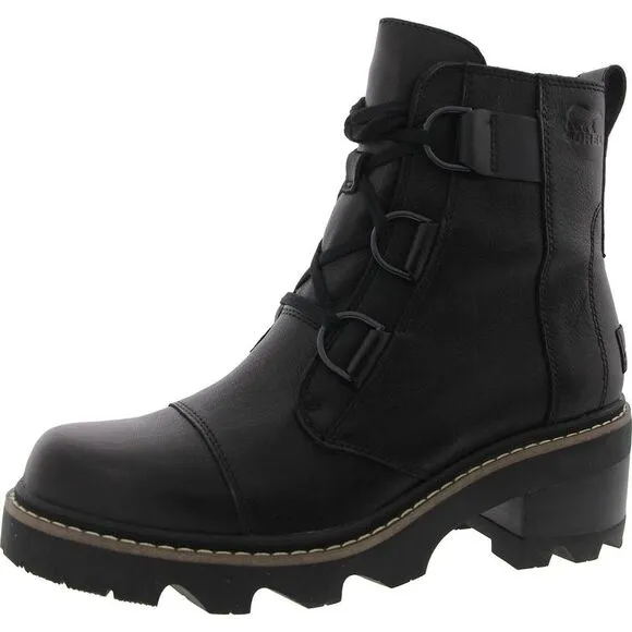 Sorel Womens Noir Black Embellished Leather Combat &amp; Lace-Up Boots New