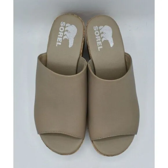 Sorel Womens Size 11 Cameron Wedge Mule Leather Taupe Slip on Platform Sandals