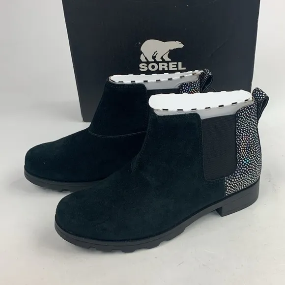 Sorel Youth Emelie Chelsea Black Sea salt boots booties waterproof Sz 5 New NWT