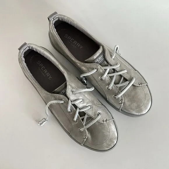 Sperry Sneakers 8M Silver-tone Leather Platform Crest Vibe Shimmer Distressed