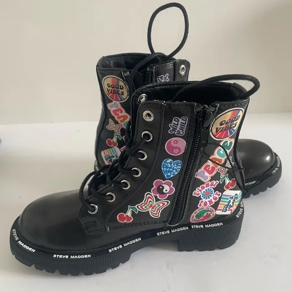 Steve Madden Black Combat Boots with Colorful Stickers Size11