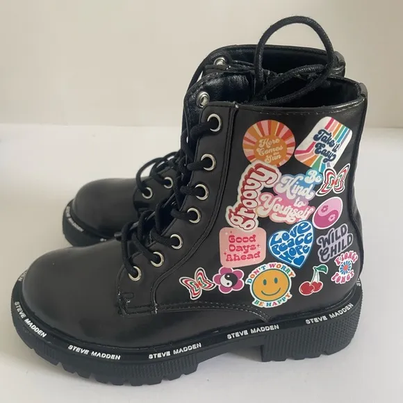 Steve Madden Black Combat Boots with Colorful Stickers Size11