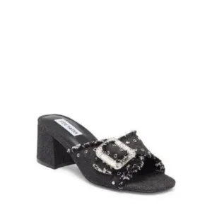 Steve Madden Black Denim Sandals Slip On Mule Sandals Block Heel Studs SZ 8 NIB