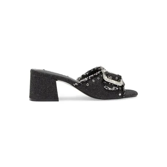 Steve Madden Black Denim Sandals Slip On Mule Sandals Block Heel Studs SZ 8 NIB
