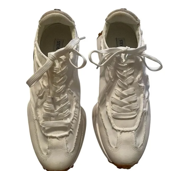 Steve Madden Campo Fabric Leather EUC 9.5 Platform Sneaker Treads White Tan