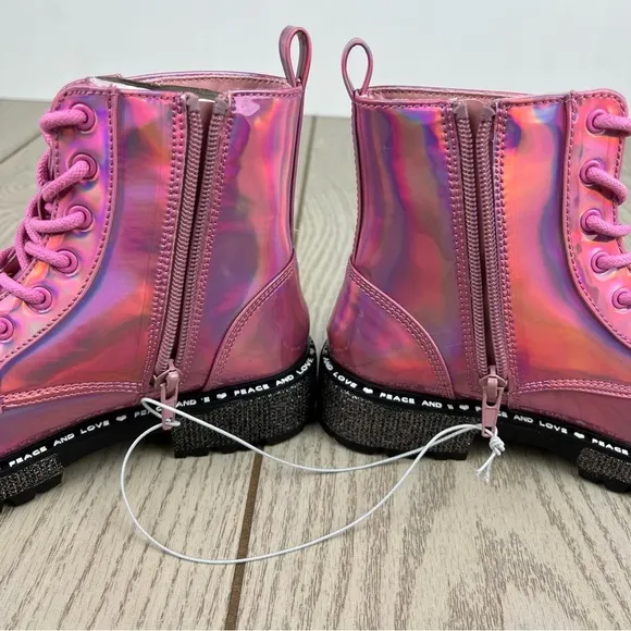 Steve Madden Little Girls JWORDLE Lace-up Combat Moto Boots Pink Metallic $60