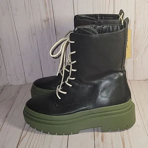 Steve Madden Mansel Lace Up Combat Boots in Black &amp; Green 9.5 Womens