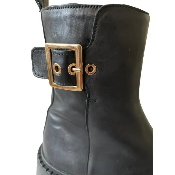 Steve Madden Sameera Black Leather Combat Lug Boots Gold Buckle Sz 9 NEW