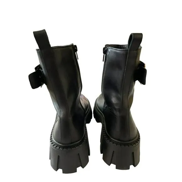 Steve Madden Sameera Black Leather Combat Lug Boots Gold Buckle Sz 9 NEW