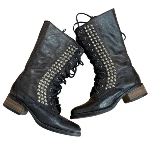 Steve Madden Tropador Combat Boots 6.5 Studded Biker Leather Lace Zip Up Black