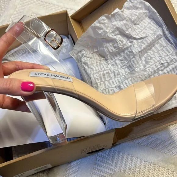 Steve Madden - Camille Lucite Clear Ankle Strap Block Heel Dress Sandals