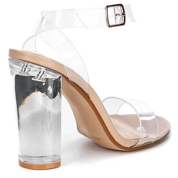 Steve Madden - Camille Lucite Clear Ankle Strap Block Heel Dress Sandals