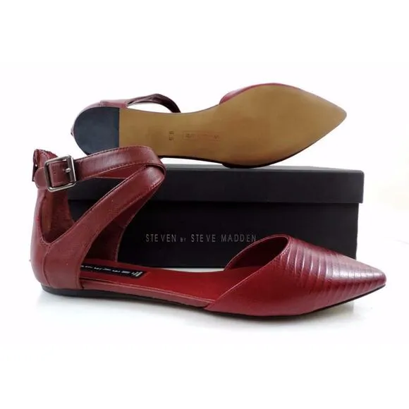 Steven By STEVE MADDEN Elina Ankle Strap Flat Sandal Leather Red Size 9.5
