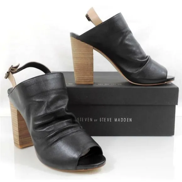 Steven by Steve Madden Saliem Leather Peep toe Dress Sandals Heel Black Size 10