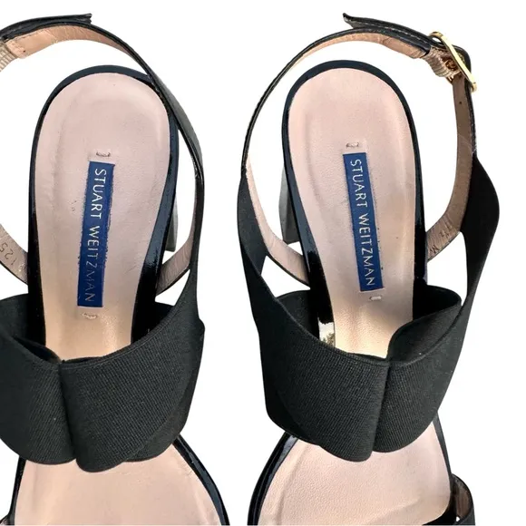 Stuart Weitzman Alana Black Patent Sandals Stretch Strap Block Heel Slingback