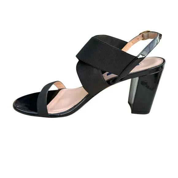 Stuart Weitzman Alana Black Patent Sandals Stretch Strap Block Heel Slingback