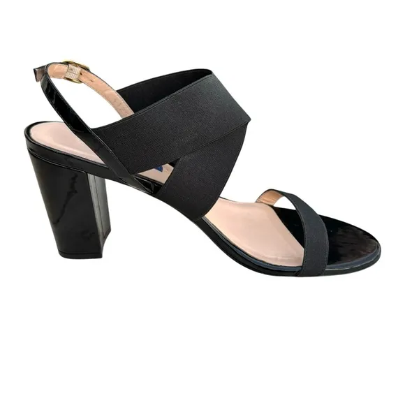 Stuart Weitzman Alana Black Patent Sandals Stretch Strap Block Heel Slingback
