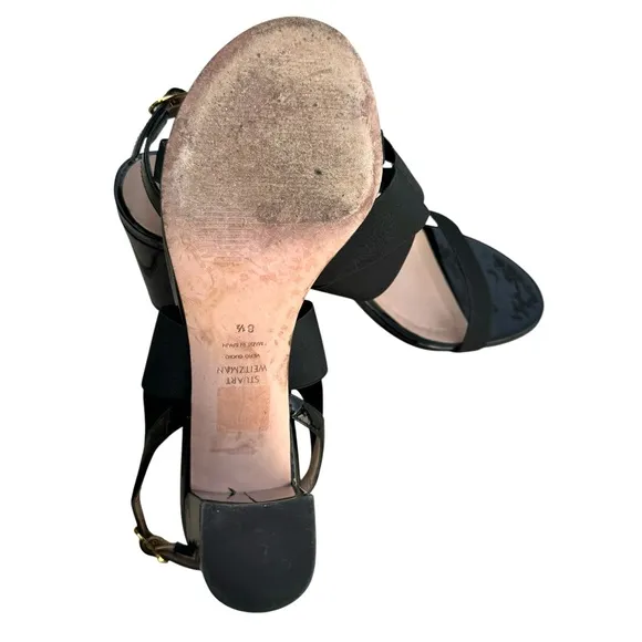Stuart Weitzman Alana Black Patent Sandals Stretch Strap Block Heel Slingback
