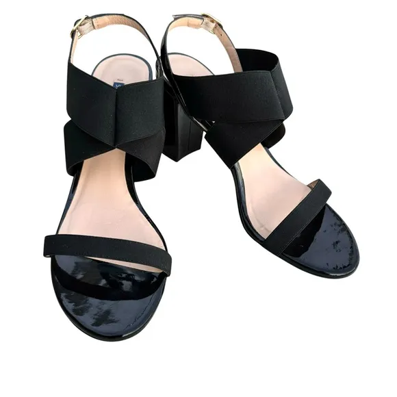 Stuart Weitzman Alana Black Patent Sandals Stretch Strap Block Heel Slingback