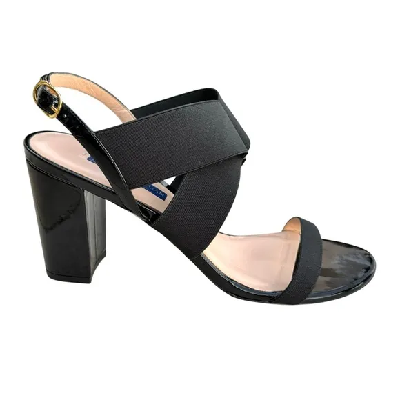 Stuart Weitzman Alana Black Patent Sandals Stretch Strap Block Heel Slingback
