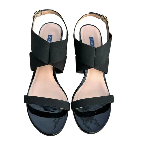 Stuart Weitzman Alana Black Patent Sandals Stretch Strap Block Heel Slingback