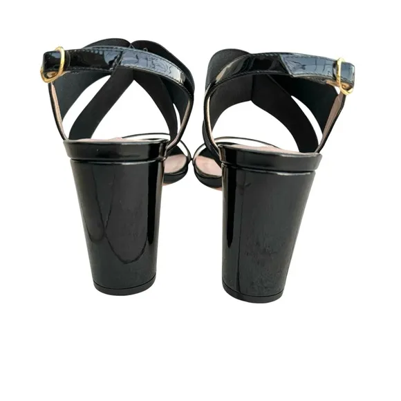 Stuart Weitzman Alana Black Patent Sandals Stretch Strap Block Heel Slingback