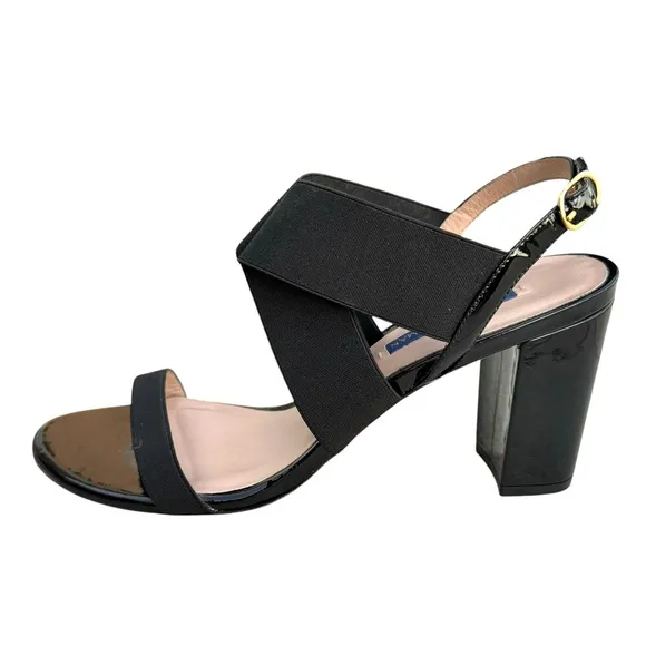 Stuart Weitzman Alana Black Patent Sandals Stretch Strap Block Heel Slingback