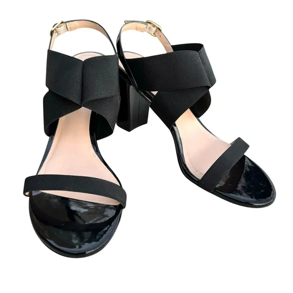 Stuart Weitzman Alana Black Patent Sandals Stretch Strap Block Heel Slingback