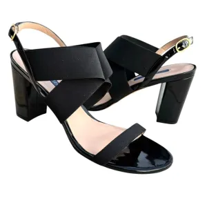 Stuart Weitzman Alana Black Patent Sandals Stretch Strap Block Heel Slingback