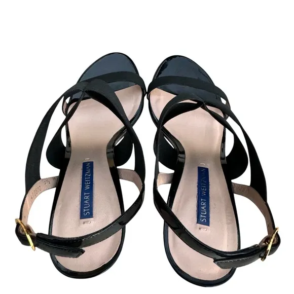 Stuart Weitzman Alana Black Patent Sandals Stretch Strap Block Heel Slingback