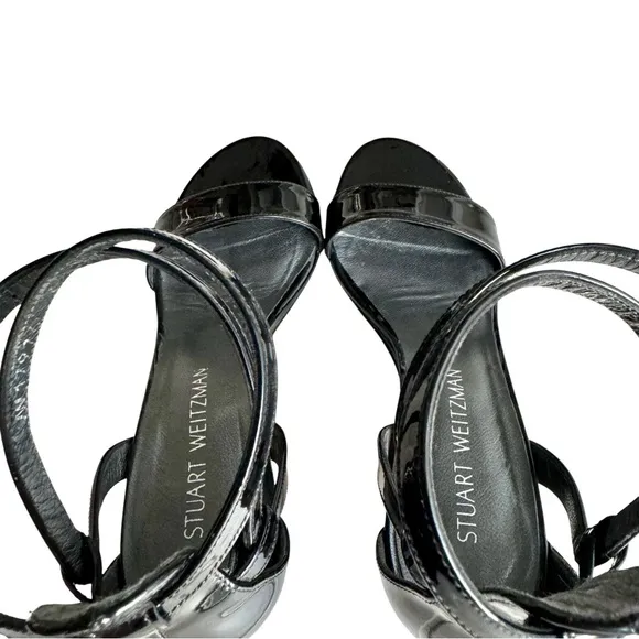 Stuart Weitzman Backdraft Patent Sandals Black Leather Single Strap Wedges Women